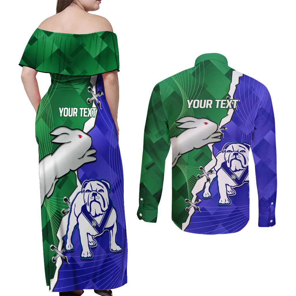 Personalised Rabbitohs and Bulldogs Couples Matching Off Shoulder Maxi Dress and Long Sleeve Button Shirt Dynamic Sporty Version