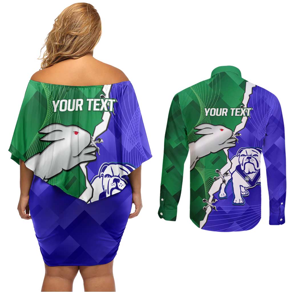 Personalised Rabbitohs and Bulldogs Couples Matching Off Shoulder Short Dress and Long Sleeve Button Shirt Dynamic Sporty Version