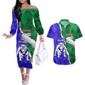 Personalised Rabbitohs and Bulldogs Couples Matching Off The Shoulder Long Sleeve Dress and Hawaiian Shirt Dynamic Sporty Version