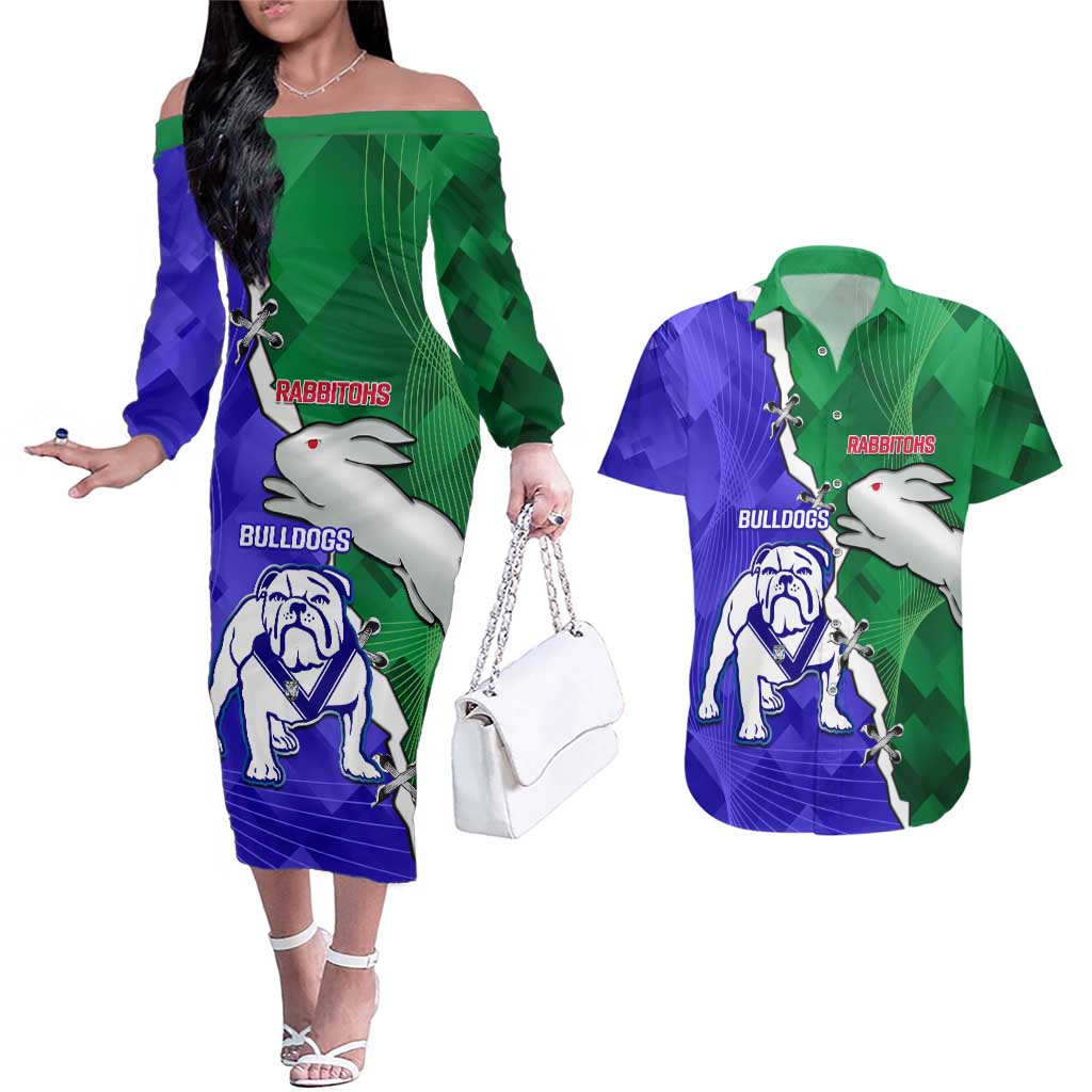 Personalised Rabbitohs and Bulldogs Couples Matching Off The Shoulder Long Sleeve Dress and Hawaiian Shirt Dynamic Sporty Version