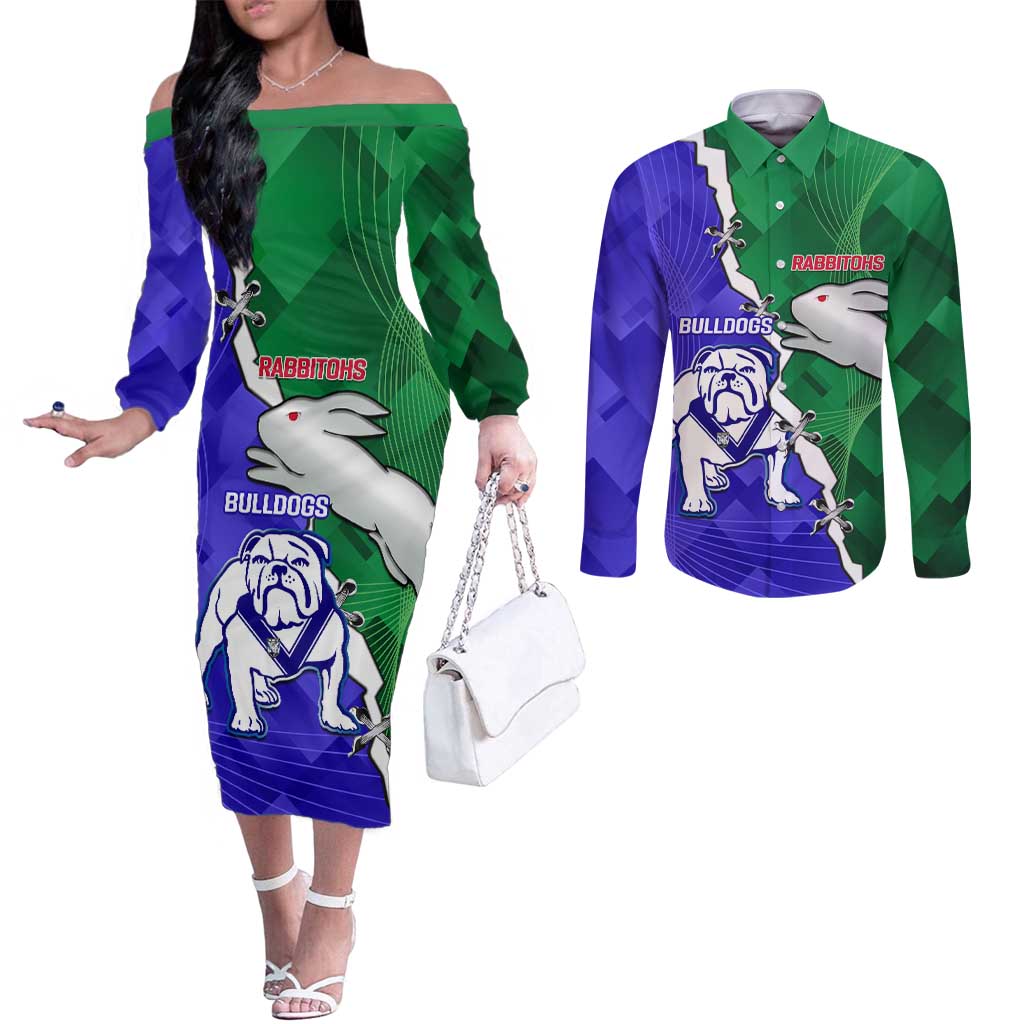 Personalised Rabbitohs and Bulldogs Couples Matching Off The Shoulder Long Sleeve Dress and Long Sleeve Button Shirt Dynamic Sporty Version