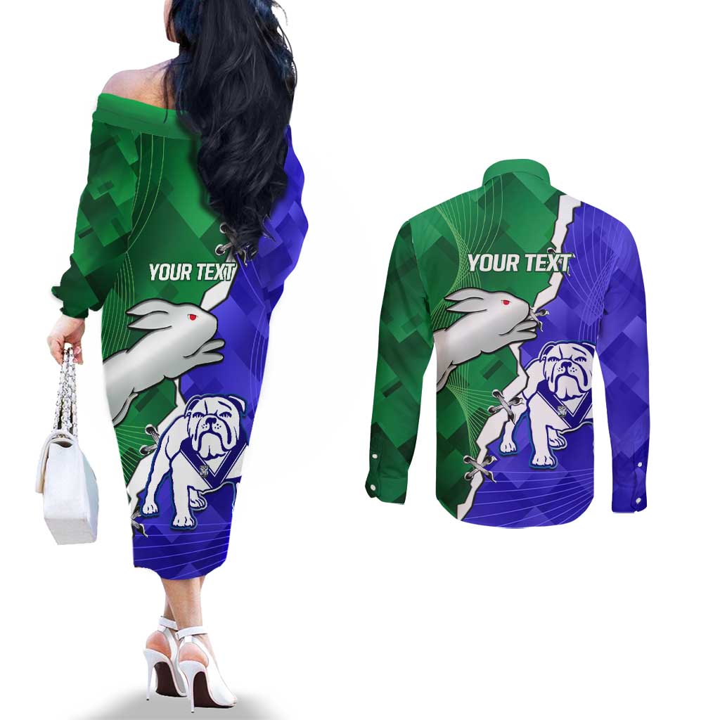 Personalised Rabbitohs and Bulldogs Couples Matching Off The Shoulder Long Sleeve Dress and Long Sleeve Button Shirt Dynamic Sporty Version