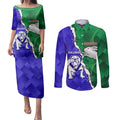 Personalised Rabbitohs and Bulldogs Couples Matching Puletasi and Long Sleeve Button Shirt Dynamic Sporty Version