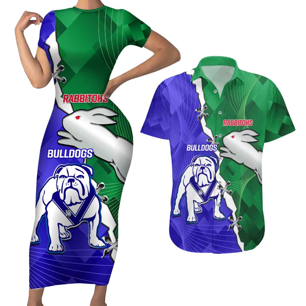 Personalised Rabbitohs and Bulldogs Couples Matching Short Sleeve Bodycon Dress and Hawaiian Shirt Dynamic Sporty Version