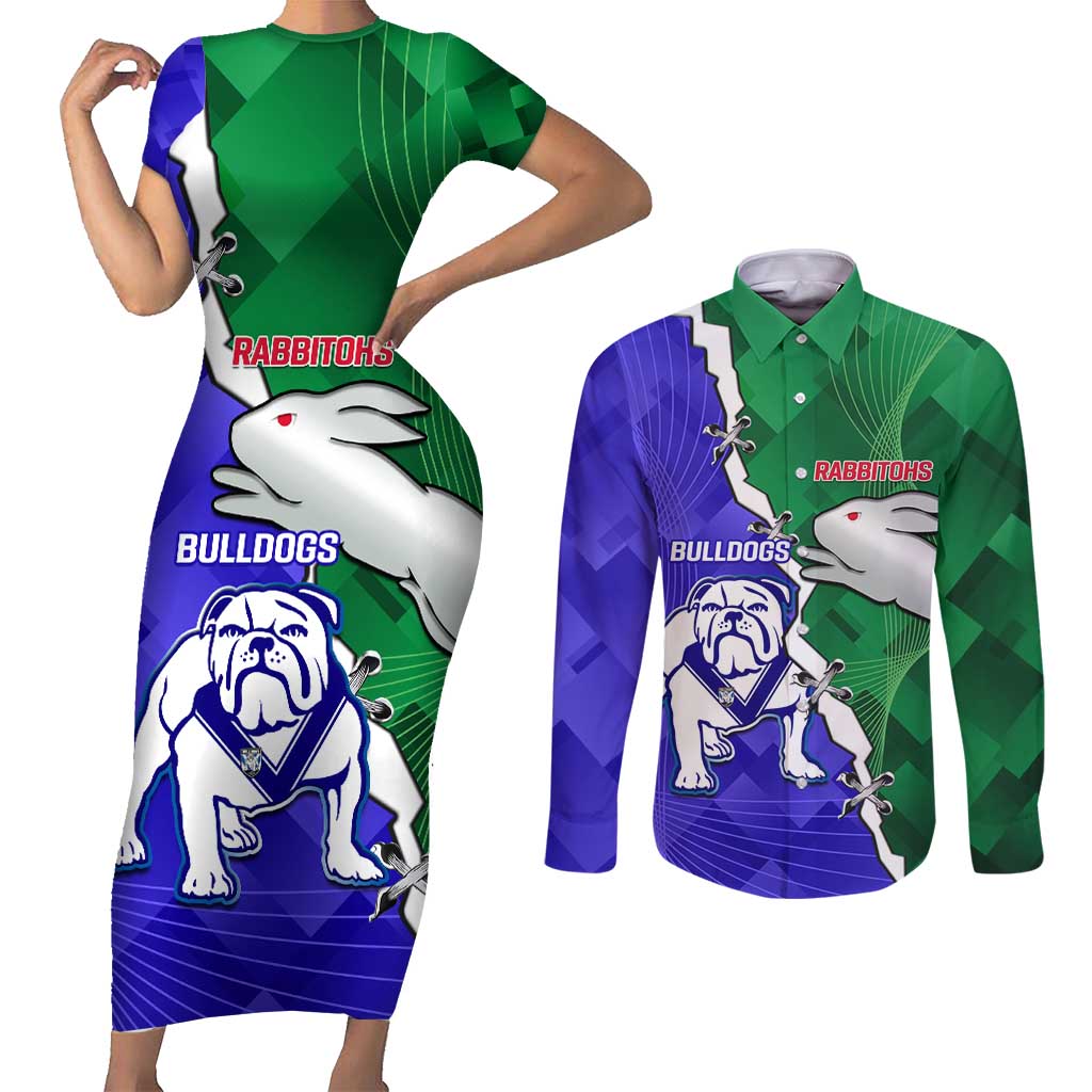 Personalised Rabbitohs and Bulldogs Couples Matching Short Sleeve Bodycon Dress and Long Sleeve Button Shirt Dynamic Sporty Version