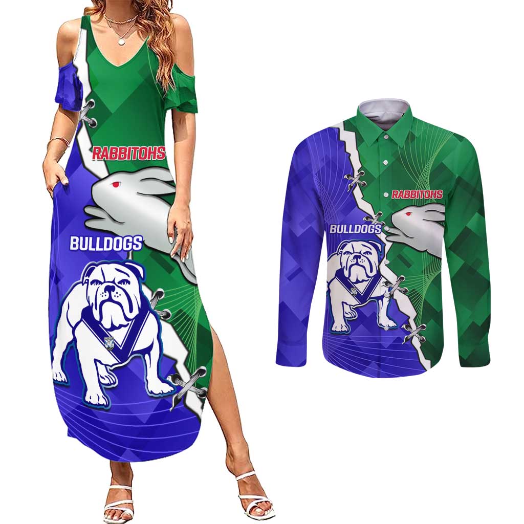 Personalised Rabbitohs and Bulldogs Couples Matching Summer Maxi Dress and Long Sleeve Button Shirt Dynamic Sporty Version