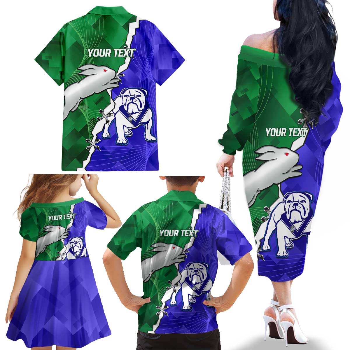 Personalised Rabbitohs and Bulldogs Family Matching Off The Shoulder Long Sleeve Dress and Hawaiian Shirt Dynamic Sporty Version