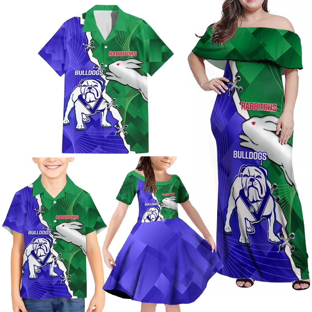 Personalised Rabbitohs and Bulldogs Family Matching Off Shoulder Maxi Dress and Hawaiian Shirt Dynamic Sporty Version