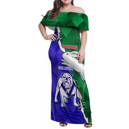 Personalised Rabbitohs and Bulldogs Family Matching Off Shoulder Maxi Dress and Hawaiian Shirt Dynamic Sporty Version