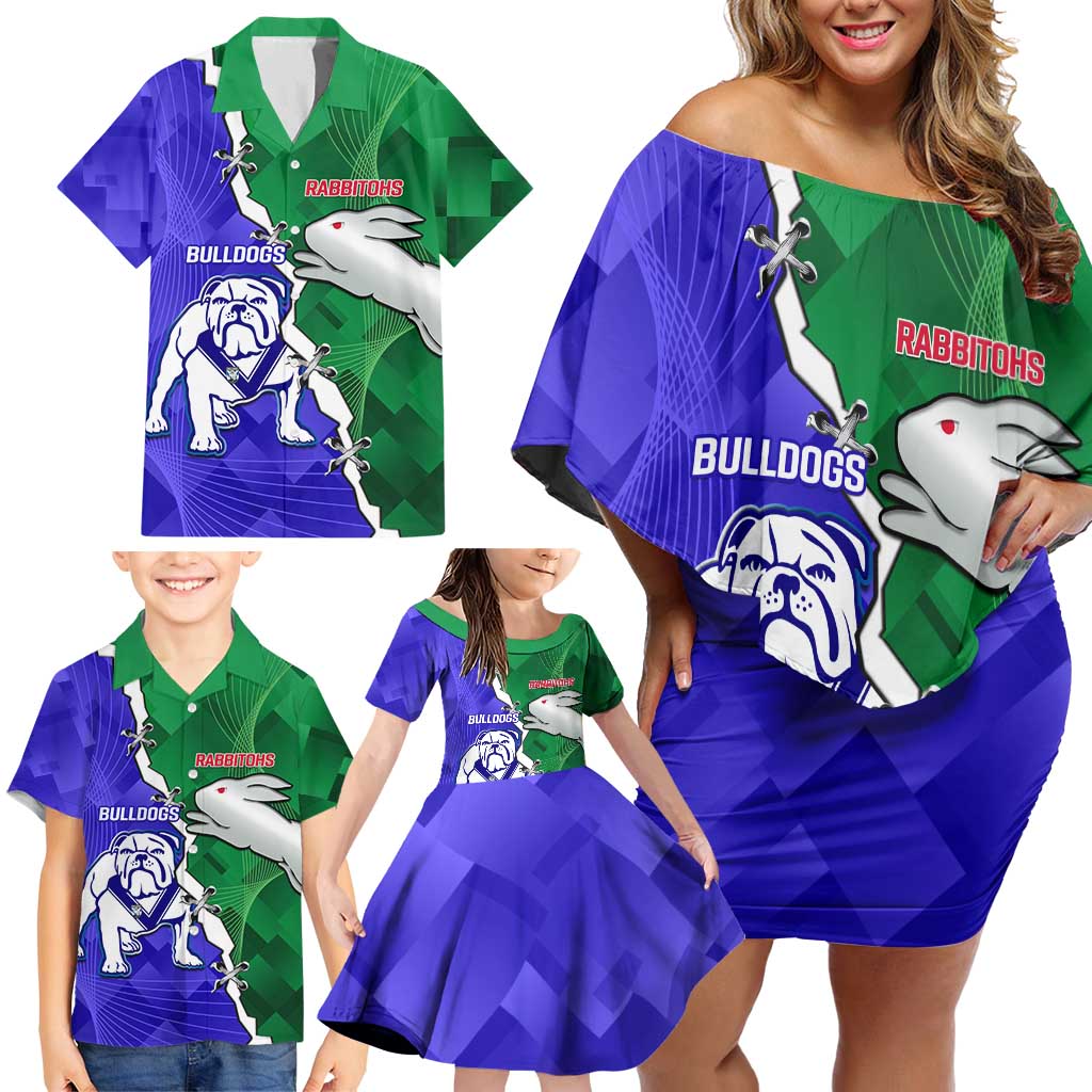 Personalised Rabbitohs and Bulldogs Family Matching Off Shoulder Short Dress and Hawaiian Shirt Dynamic Sporty Version