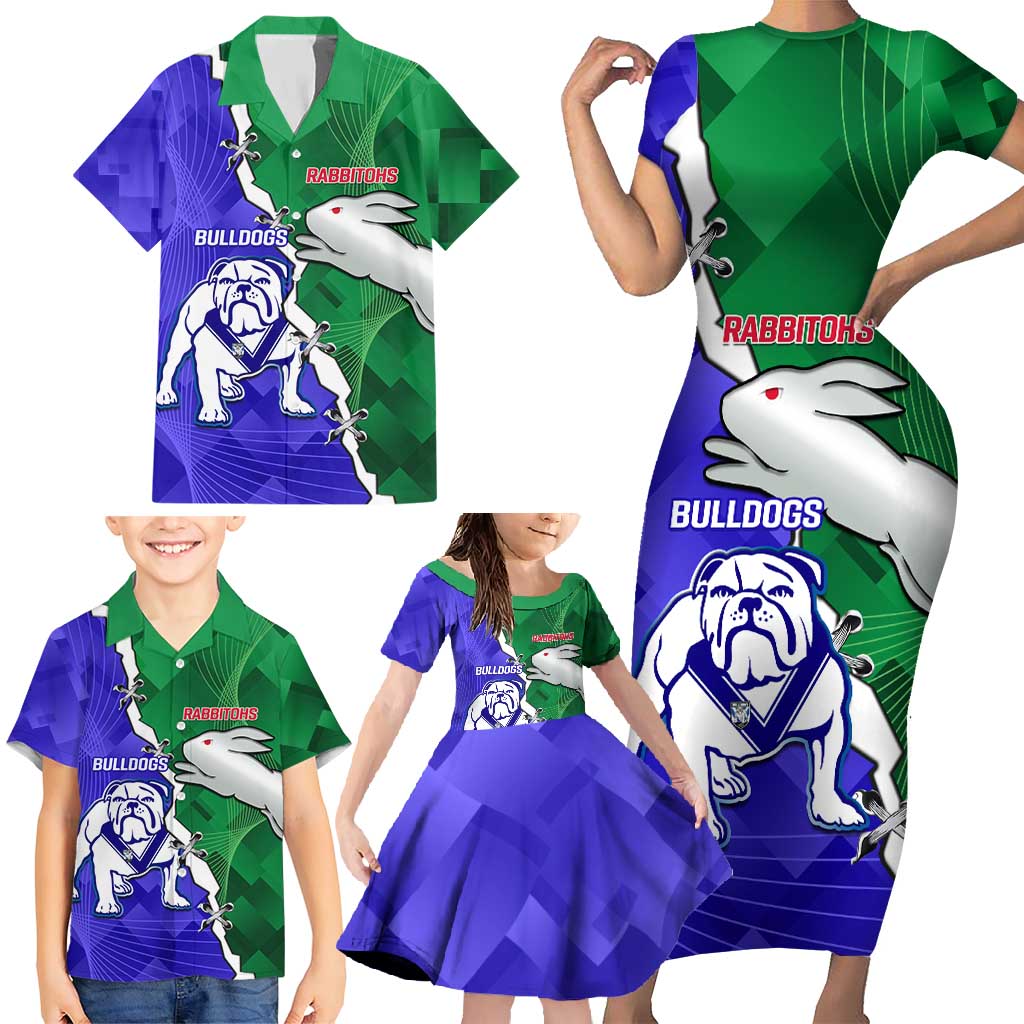Personalised Rabbitohs and Bulldogs Family Matching Short Sleeve Bodycon Dress and Hawaiian Shirt Dynamic Sporty Version