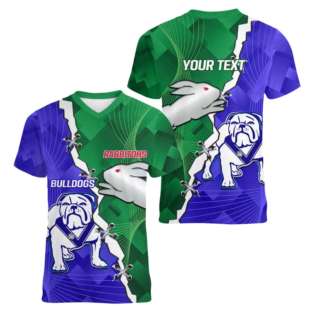 Personalised Rabbitohs and Bulldogs Women V-Neck T-Shirt Dynamic Sporty Version