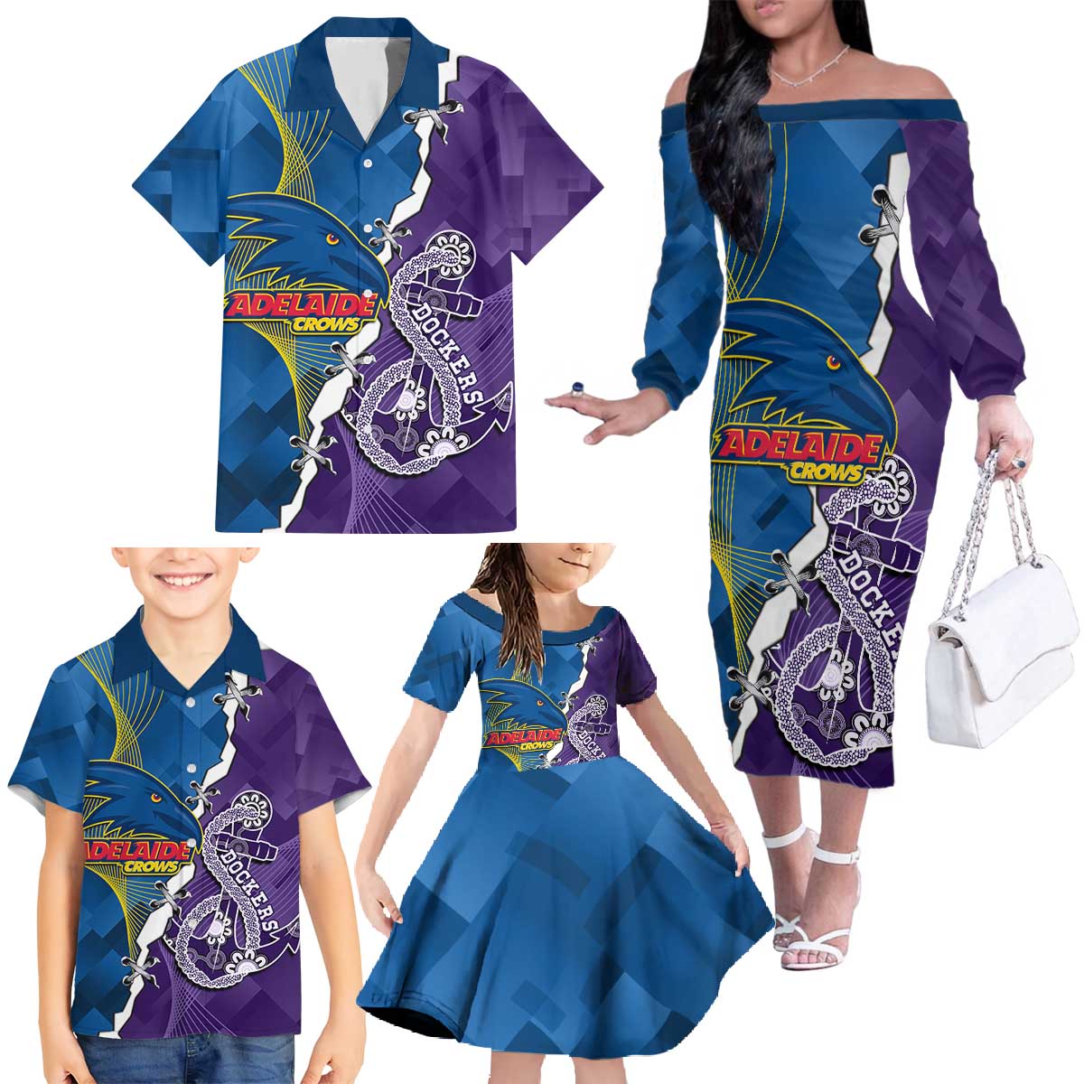 Personalised Crows and Dockers Family Matching Off The Shoulder Long Sleeve Dress and Hawaiian Shirt Dynamic Sporty Version