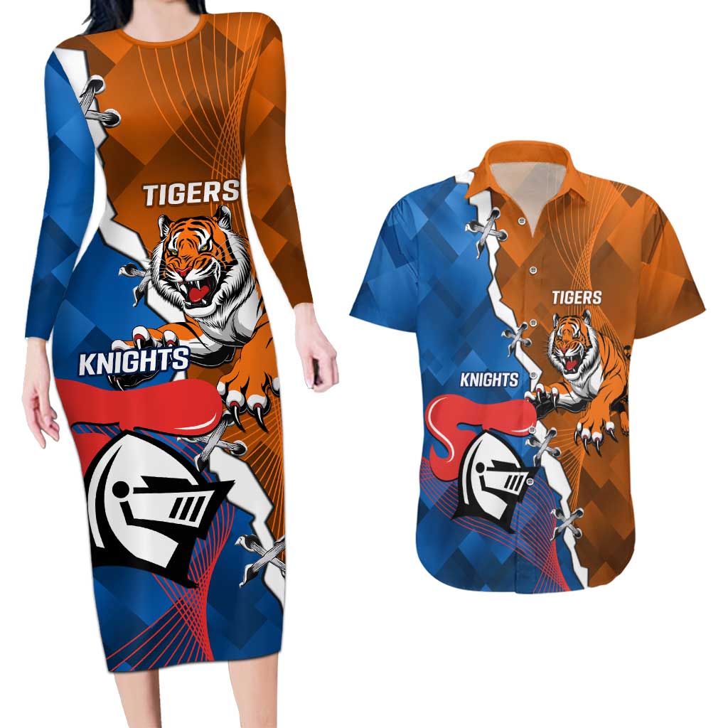 Personalised Knights and Tigers Couples Matching Long Sleeve Bodycon Dress and Hawaiian Shirt Dynamic Sporty Version