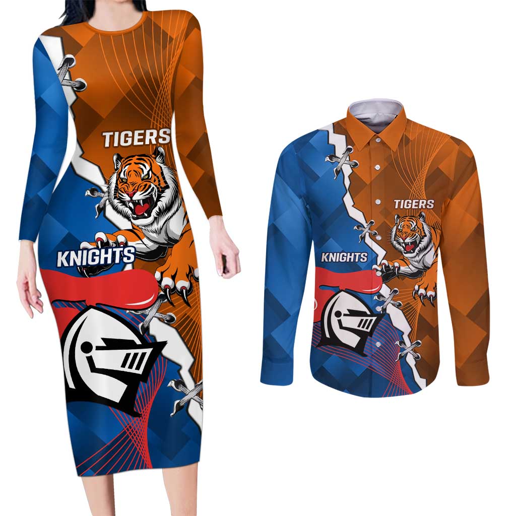 Personalised Knights and Tigers Couples Matching Long Sleeve Bodycon Dress and Long Sleeve Button Shirt Dynamic Sporty Version