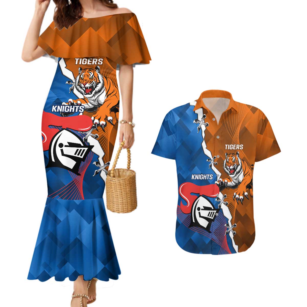 Personalised Knights and Tigers Couples Matching Mermaid Dress and Hawaiian Shirt Dynamic Sporty Version