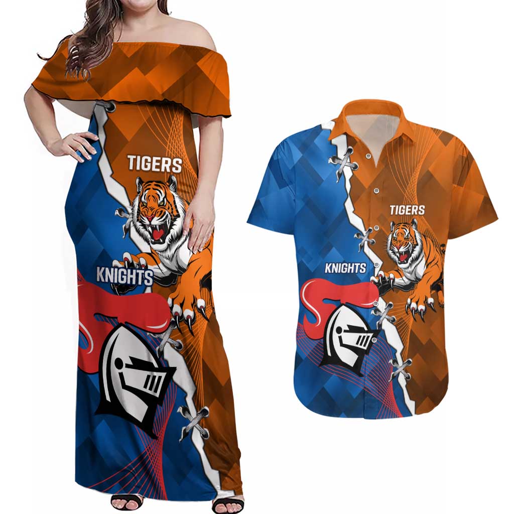 Personalised Knights and Tigers Couples Matching Off Shoulder Maxi Dress and Hawaiian Shirt Dynamic Sporty Version