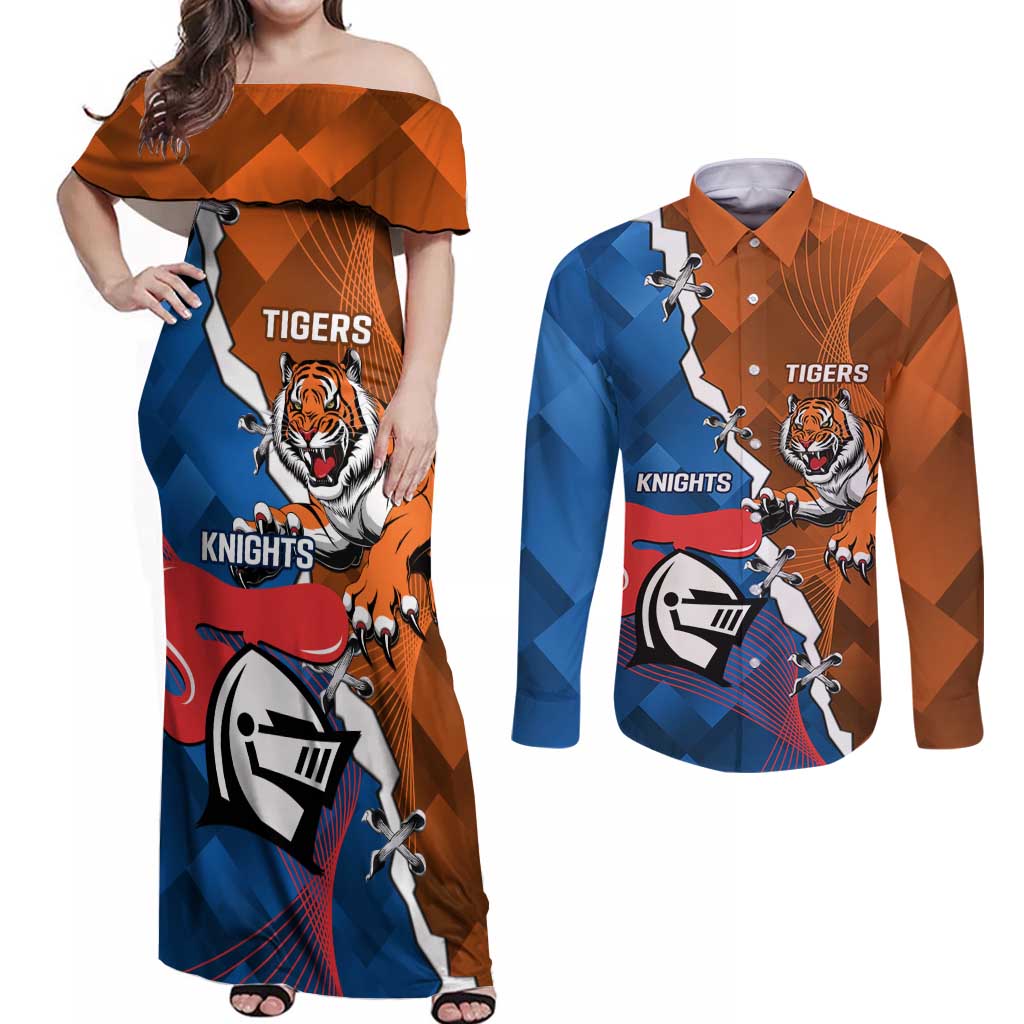 Personalised Knights and Tigers Couples Matching Off Shoulder Maxi Dress and Long Sleeve Button Shirt Dynamic Sporty Version