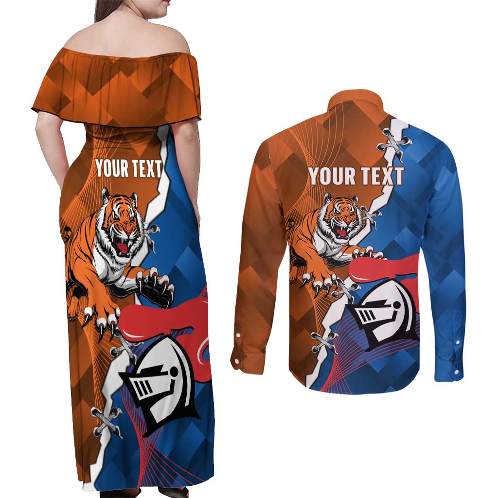 Personalised Knights and Tigers Couples Matching Off Shoulder Maxi Dress and Long Sleeve Button Shirt Dynamic Sporty Version