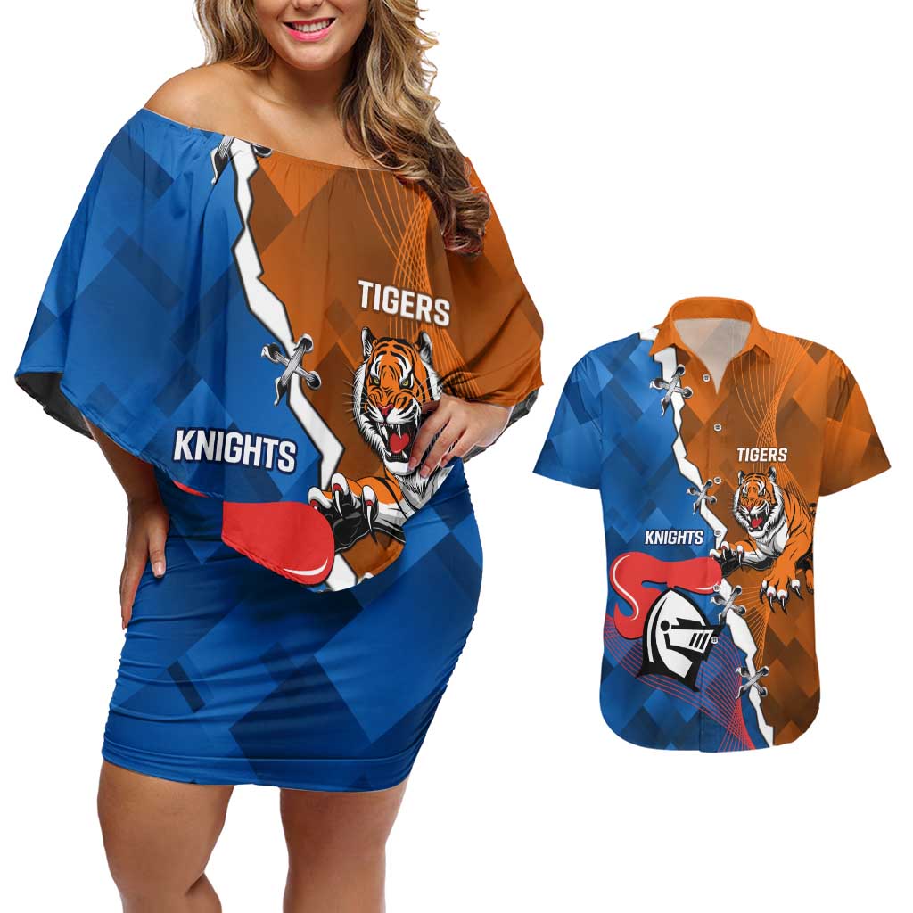 Personalised Knights and Tigers Couples Matching Off Shoulder Short Dress and Hawaiian Shirt Dynamic Sporty Version