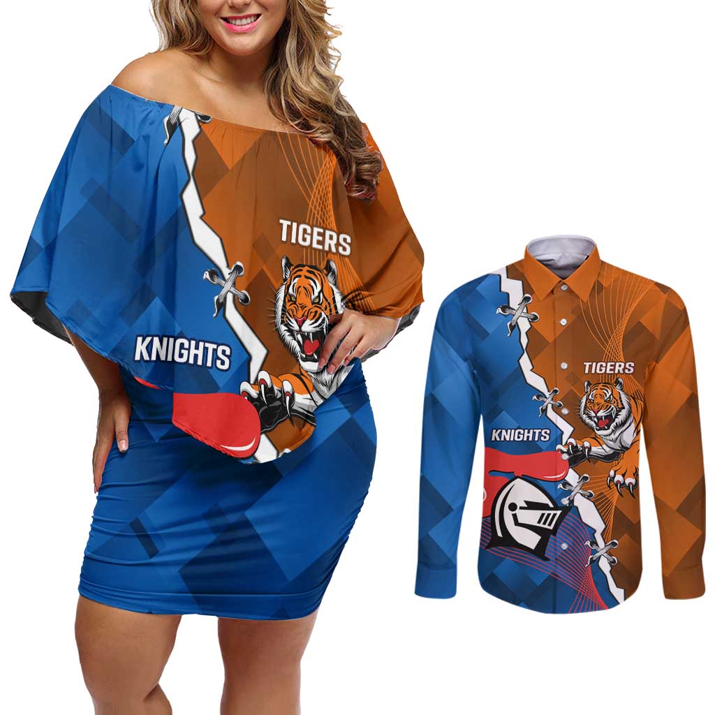 Personalised Knights and Tigers Couples Matching Off Shoulder Short Dress and Long Sleeve Button Shirt Dynamic Sporty Version