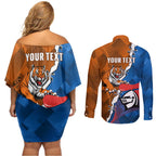 Personalised Knights and Tigers Couples Matching Off Shoulder Short Dress and Long Sleeve Button Shirt Dynamic Sporty Version
