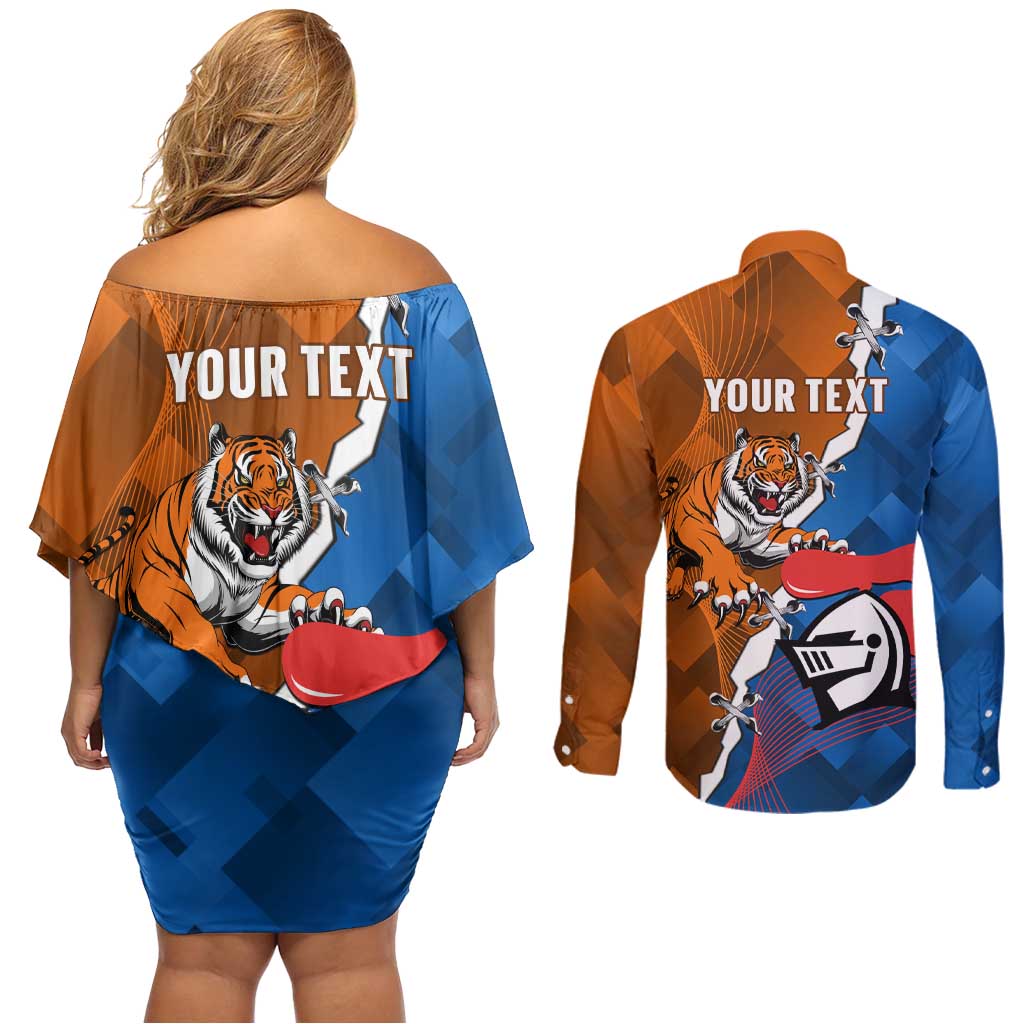 Personalised Knights and Tigers Couples Matching Off Shoulder Short Dress and Long Sleeve Button Shirt Dynamic Sporty Version