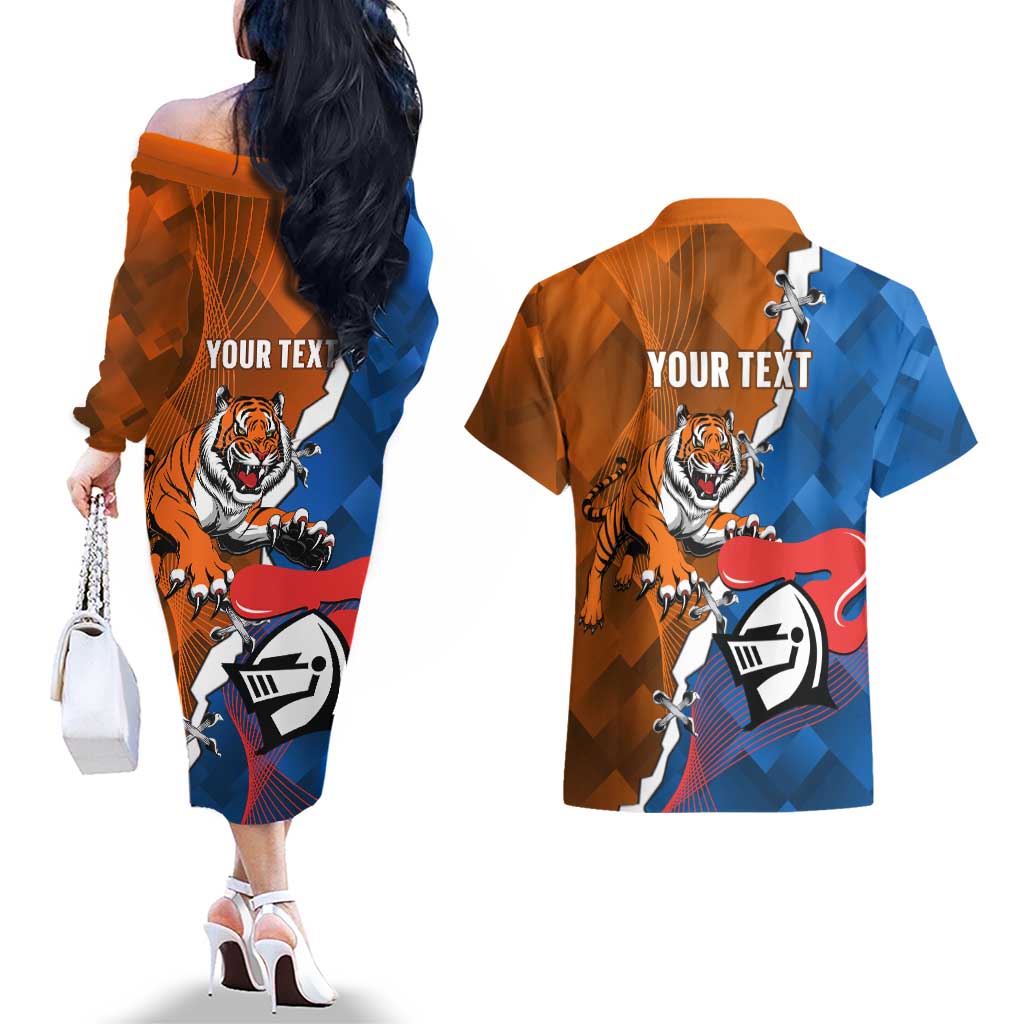 Personalised Knights and Tigers Couples Matching Off The Shoulder Long Sleeve Dress and Hawaiian Shirt Dynamic Sporty Version
