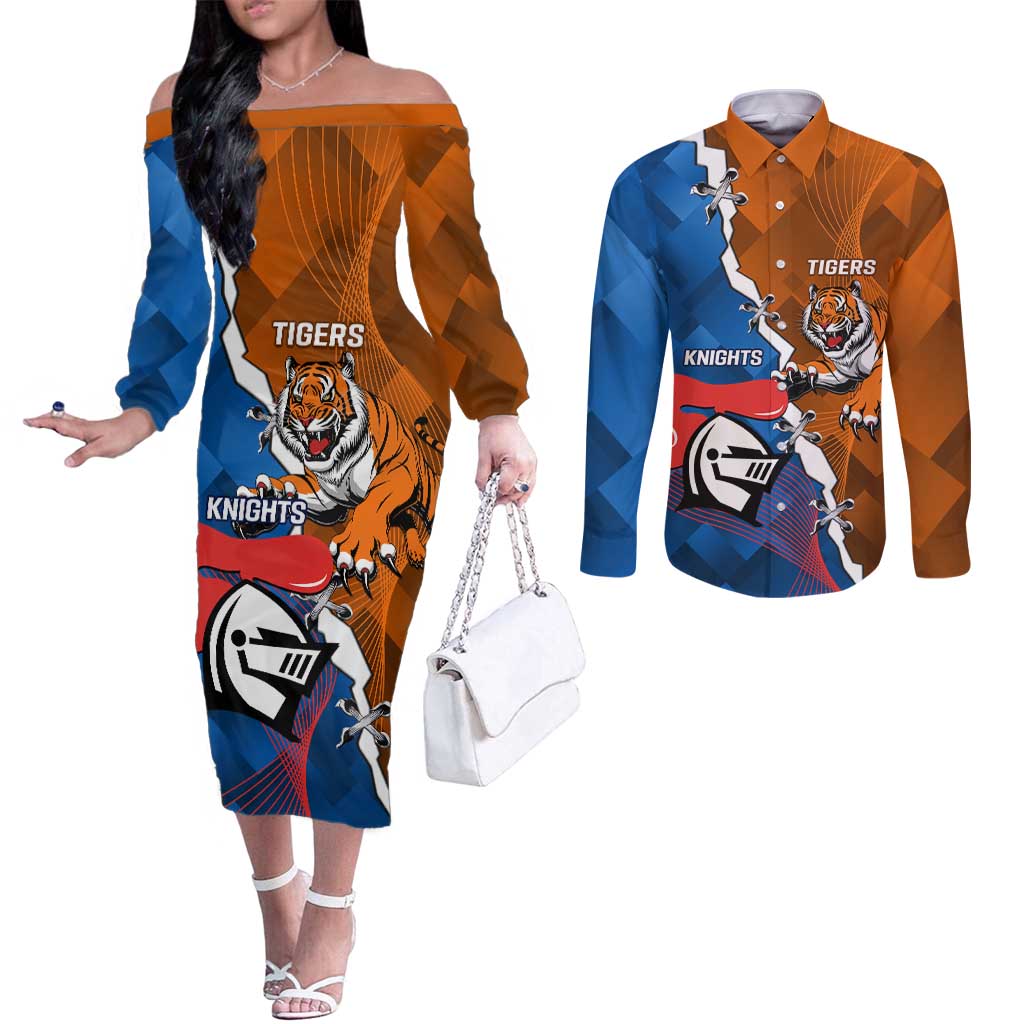 Personalised Knights and Tigers Couples Matching Off The Shoulder Long Sleeve Dress and Long Sleeve Button Shirt Dynamic Sporty Version