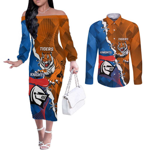 Personalised Knights and Tigers Couples Matching Off The Shoulder Long Sleeve Dress and Long Sleeve Button Shirt Dynamic Sporty Version
