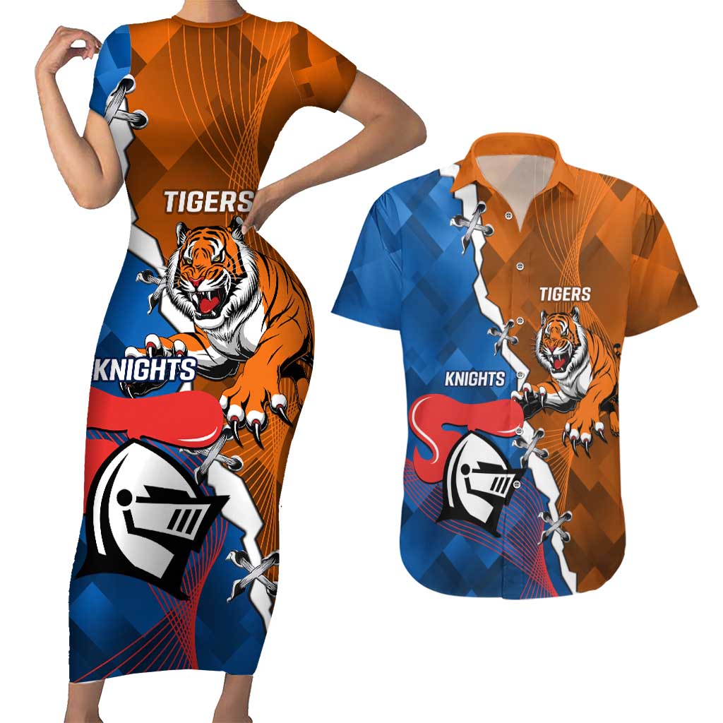 Personalised Knights and Tigers Couples Matching Short Sleeve Bodycon Dress and Hawaiian Shirt Dynamic Sporty Version