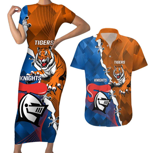 Personalised Knights and Tigers Couples Matching Short Sleeve Bodycon Dress and Hawaiian Shirt Dynamic Sporty Version