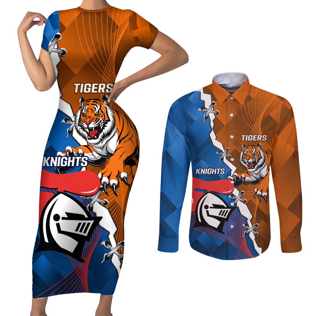 Personalised Knights and Tigers Couples Matching Short Sleeve Bodycon Dress and Long Sleeve Button Shirt Dynamic Sporty Version