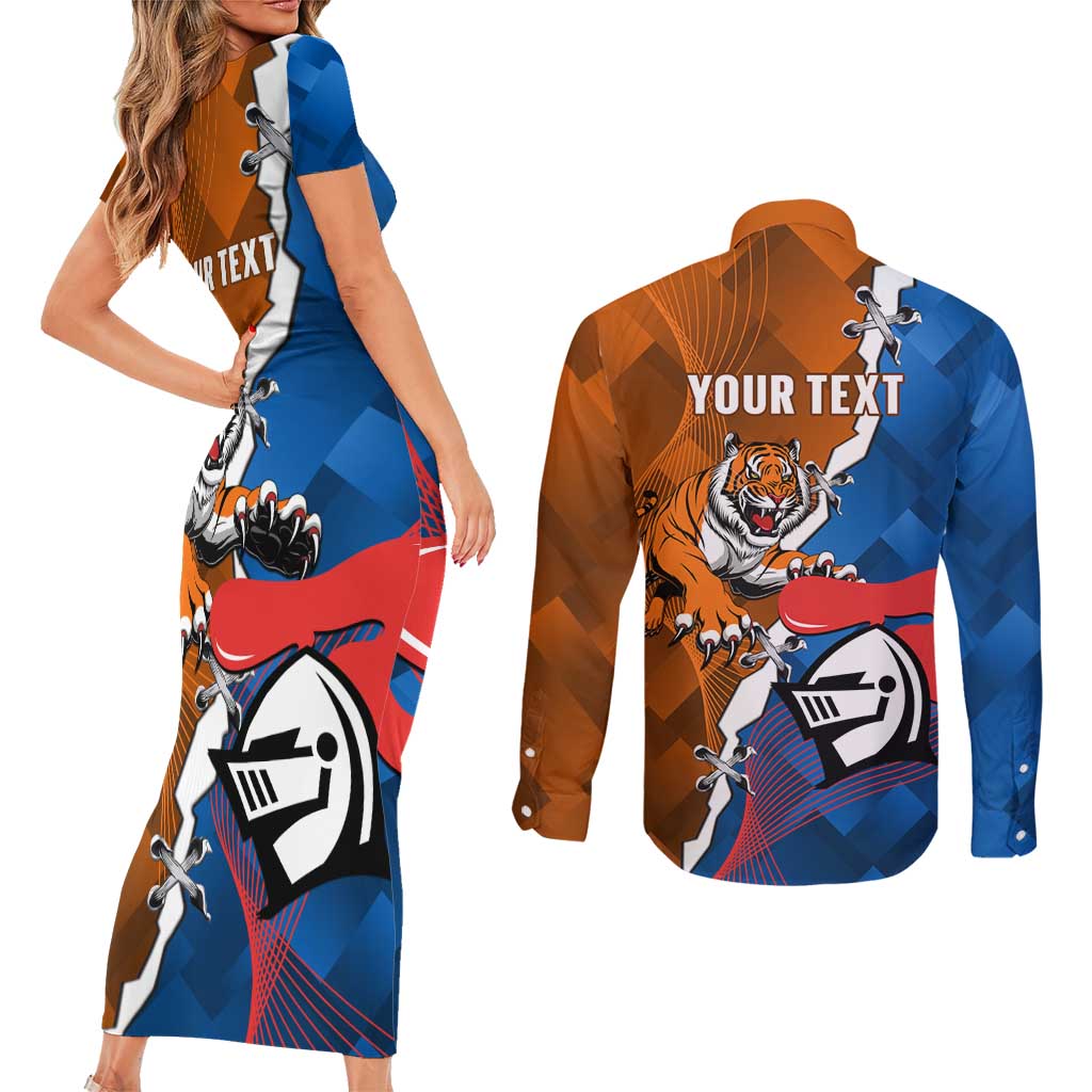 Personalised Knights and Tigers Couples Matching Short Sleeve Bodycon Dress and Long Sleeve Button Shirt Dynamic Sporty Version