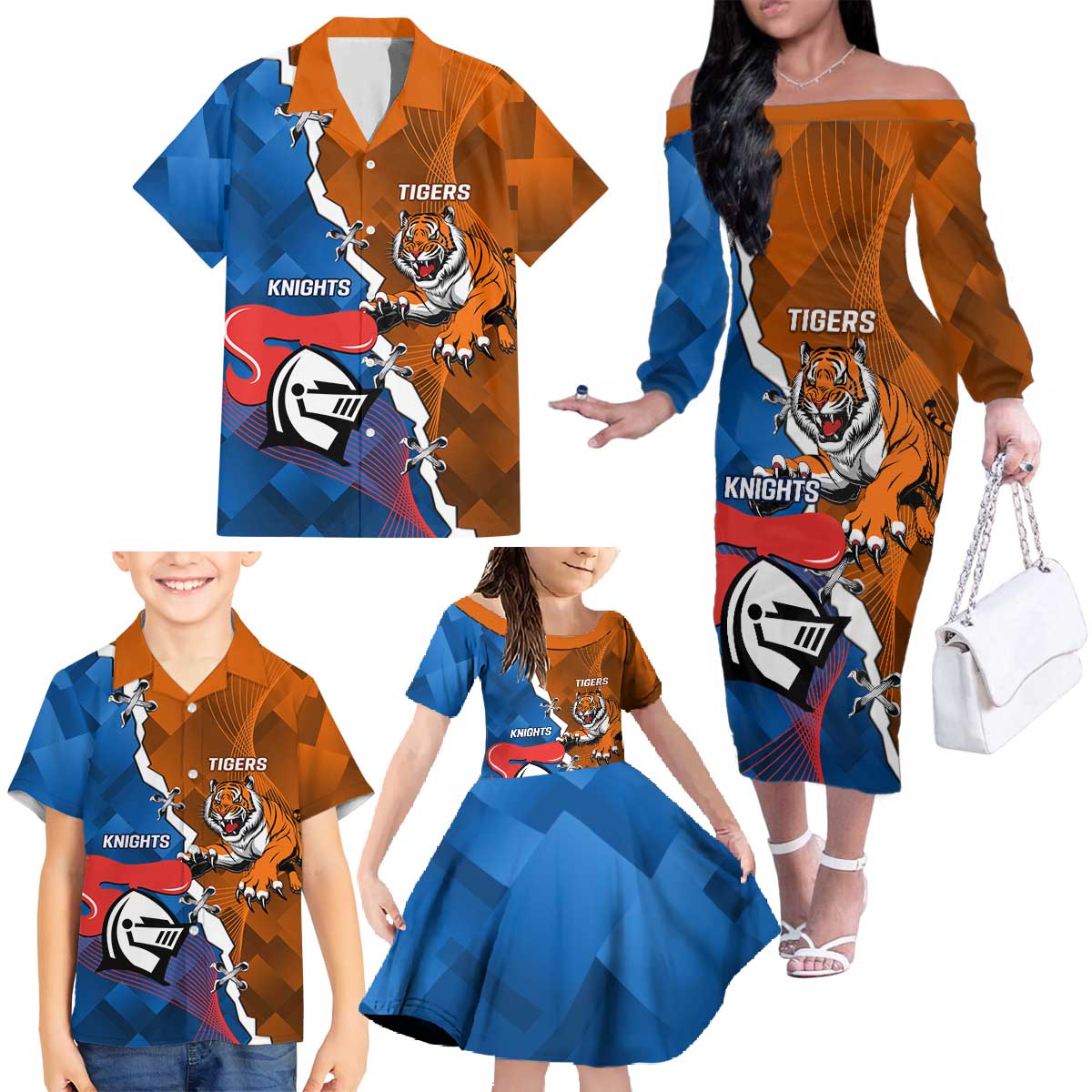 Personalised Knights and Tigers Family Matching Off The Shoulder Long Sleeve Dress and Hawaiian Shirt Dynamic Sporty Version