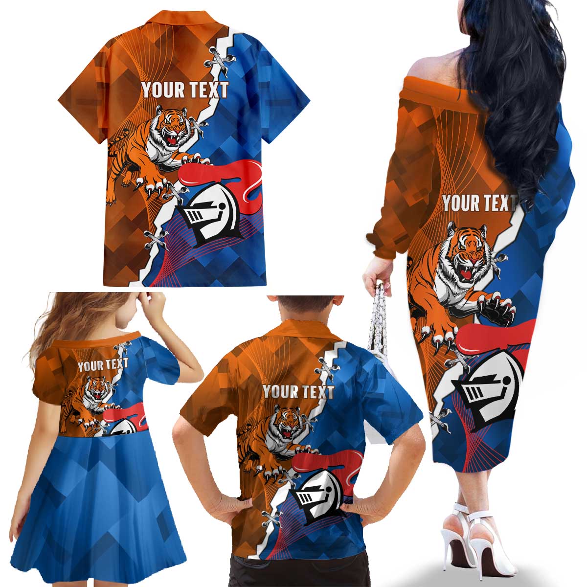 Personalised Knights and Tigers Family Matching Off The Shoulder Long Sleeve Dress and Hawaiian Shirt Dynamic Sporty Version