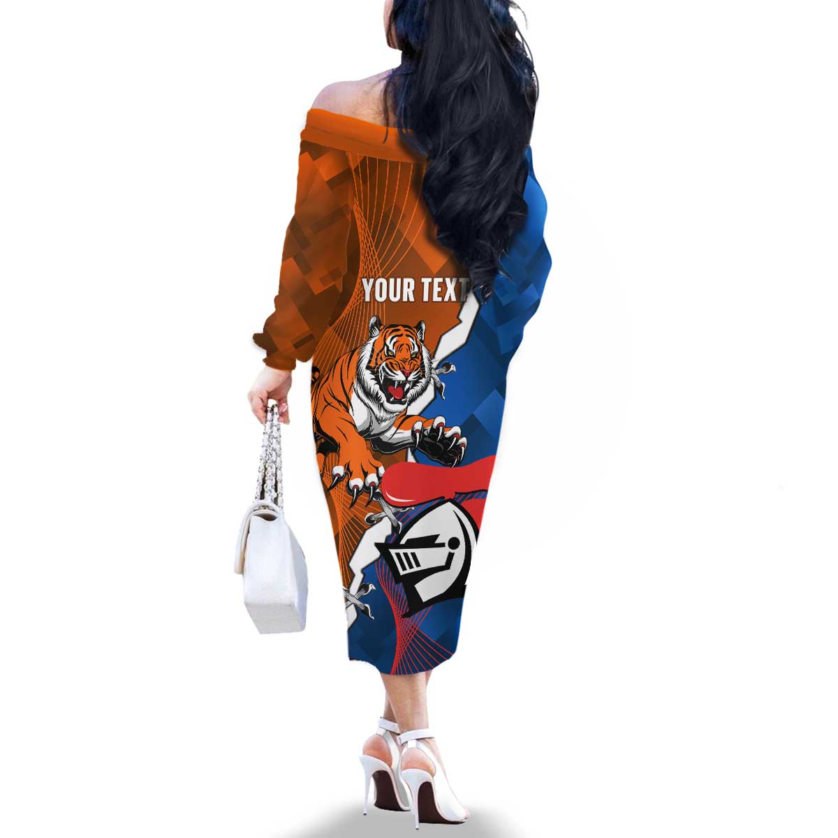 Personalised Knights and Tigers Family Matching Off The Shoulder Long Sleeve Dress and Hawaiian Shirt Dynamic Sporty Version