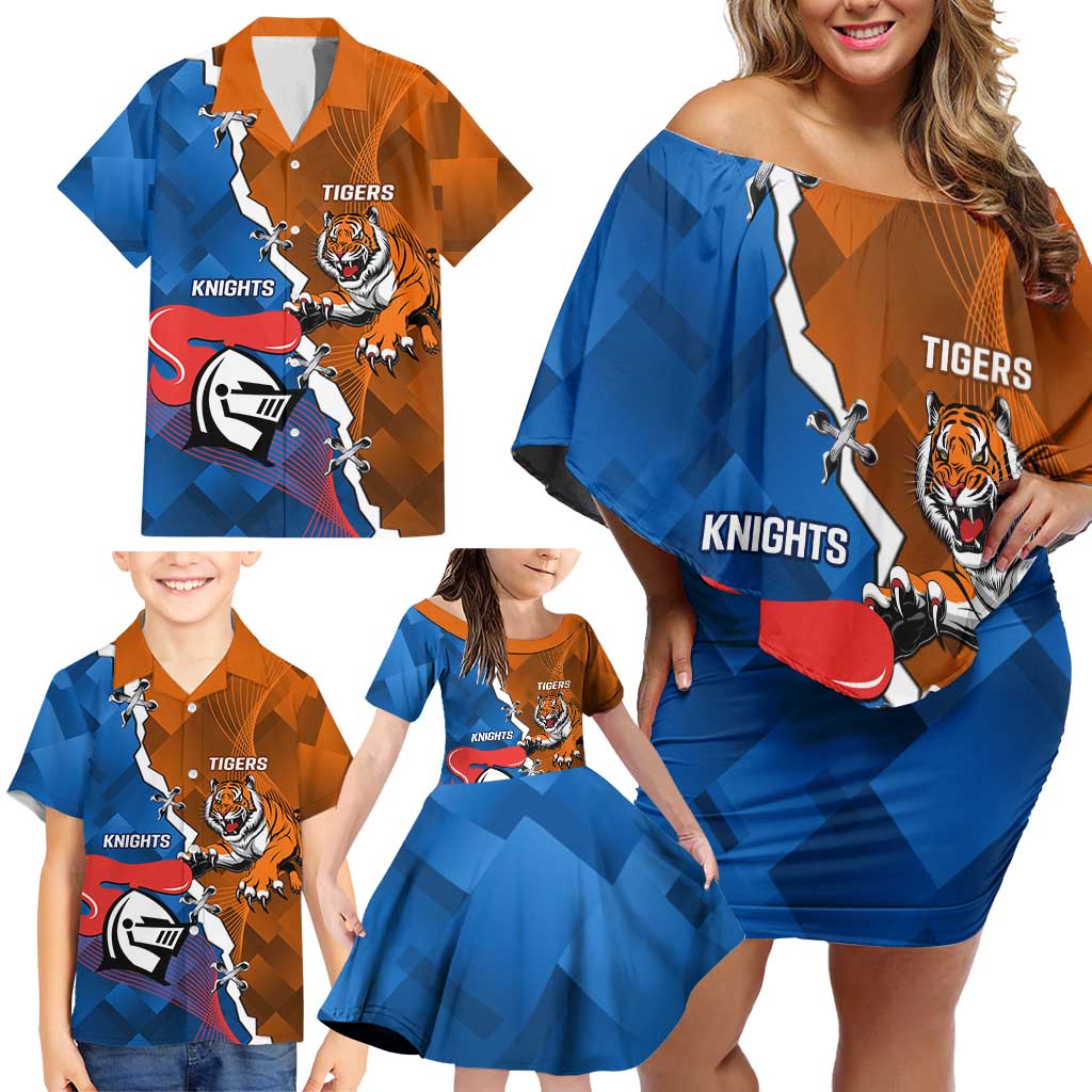 Personalised Knights and Tigers Family Matching Off Shoulder Short Dress and Hawaiian Shirt Dynamic Sporty Version