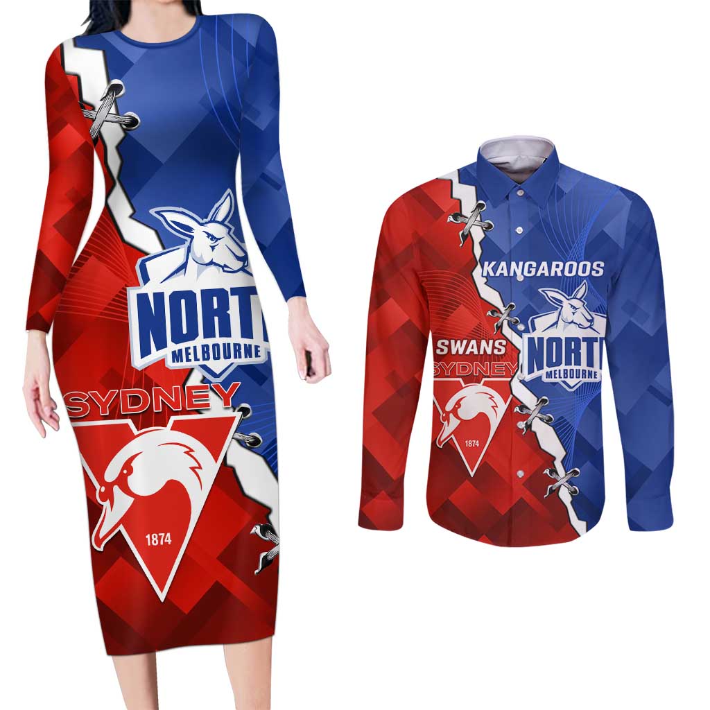 Personalised Kangaroos and Swans Couples Matching Long Sleeve Bodycon Dress and Long Sleeve Button Shirt Dynamic Sporty Version