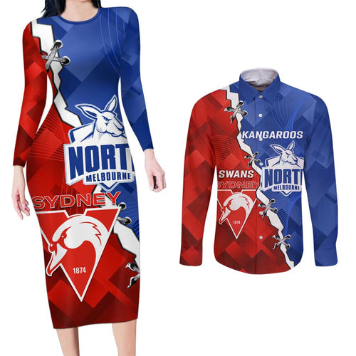 Personalised Kangaroos and Swans Couples Matching Long Sleeve Bodycon Dress and Long Sleeve Button Shirt Dynamic Sporty Version