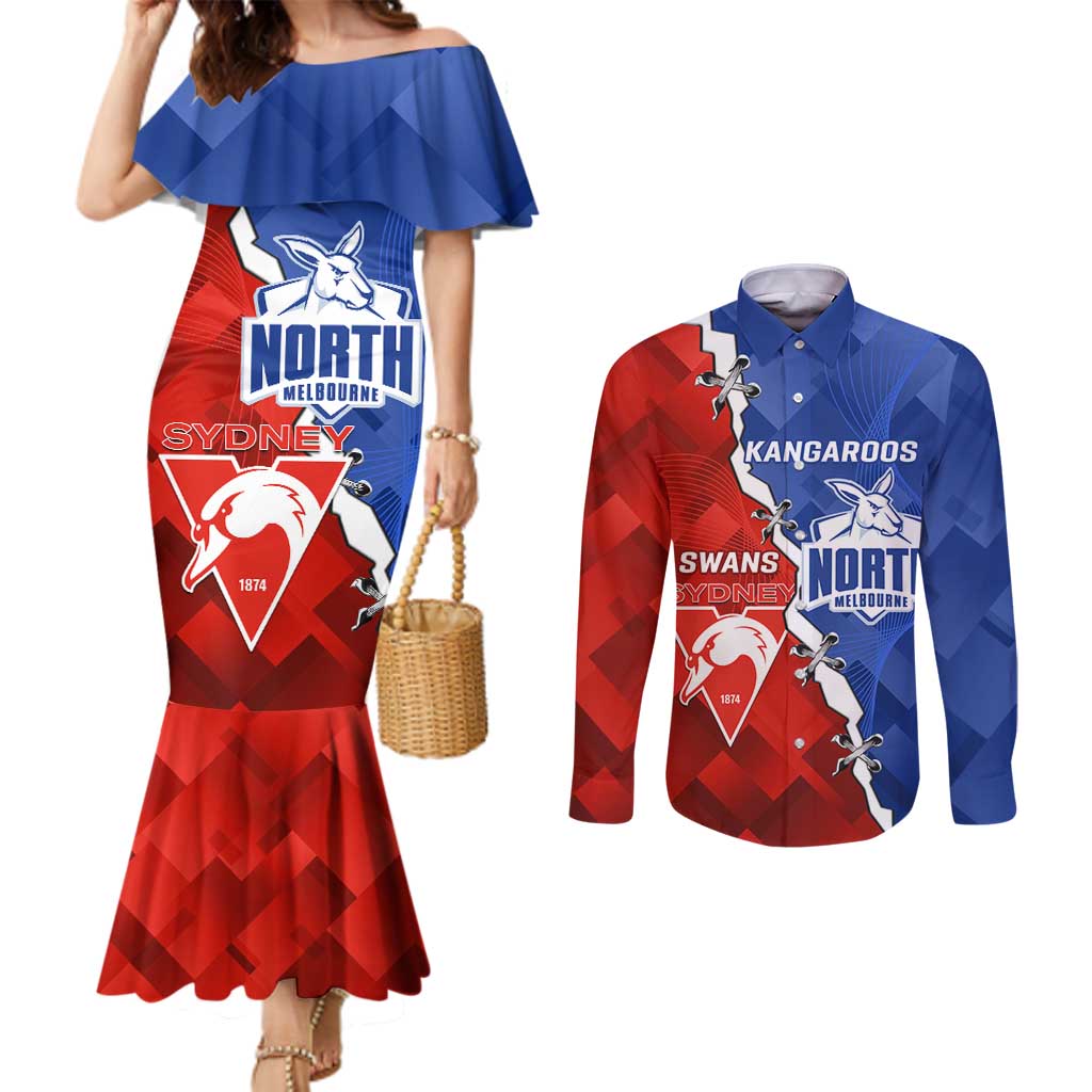 Personalised Kangaroos and Swans Couples Matching Mermaid Dress and Long Sleeve Button Shirt Dynamic Sporty Version
