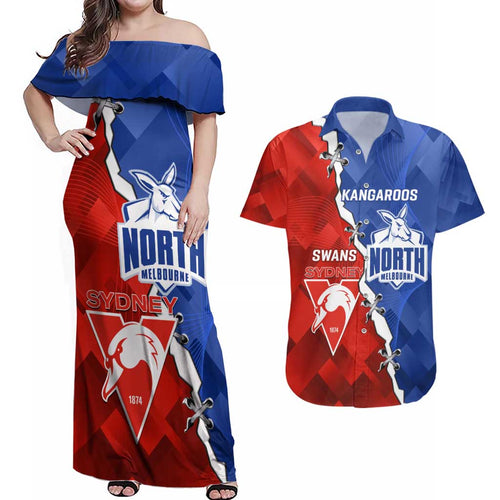 Personalised Kangaroos and Swans Couples Matching Off Shoulder Maxi Dress and Hawaiian Shirt Dynamic Sporty Version