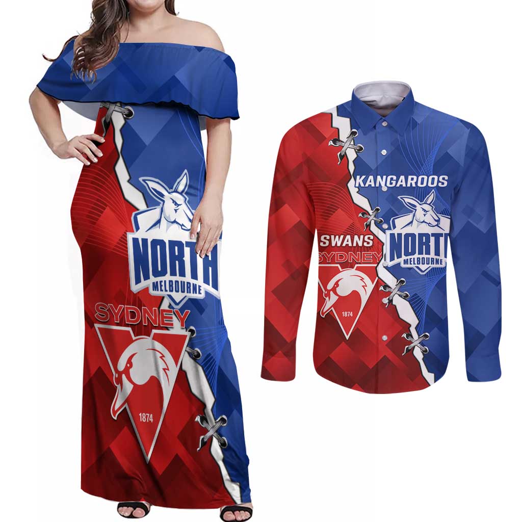 Personalised Kangaroos and Swans Couples Matching Off Shoulder Maxi Dress and Long Sleeve Button Shirt Dynamic Sporty Version