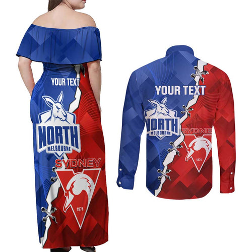 Personalised Kangaroos and Swans Couples Matching Off Shoulder Maxi Dress and Long Sleeve Button Shirt Dynamic Sporty Version