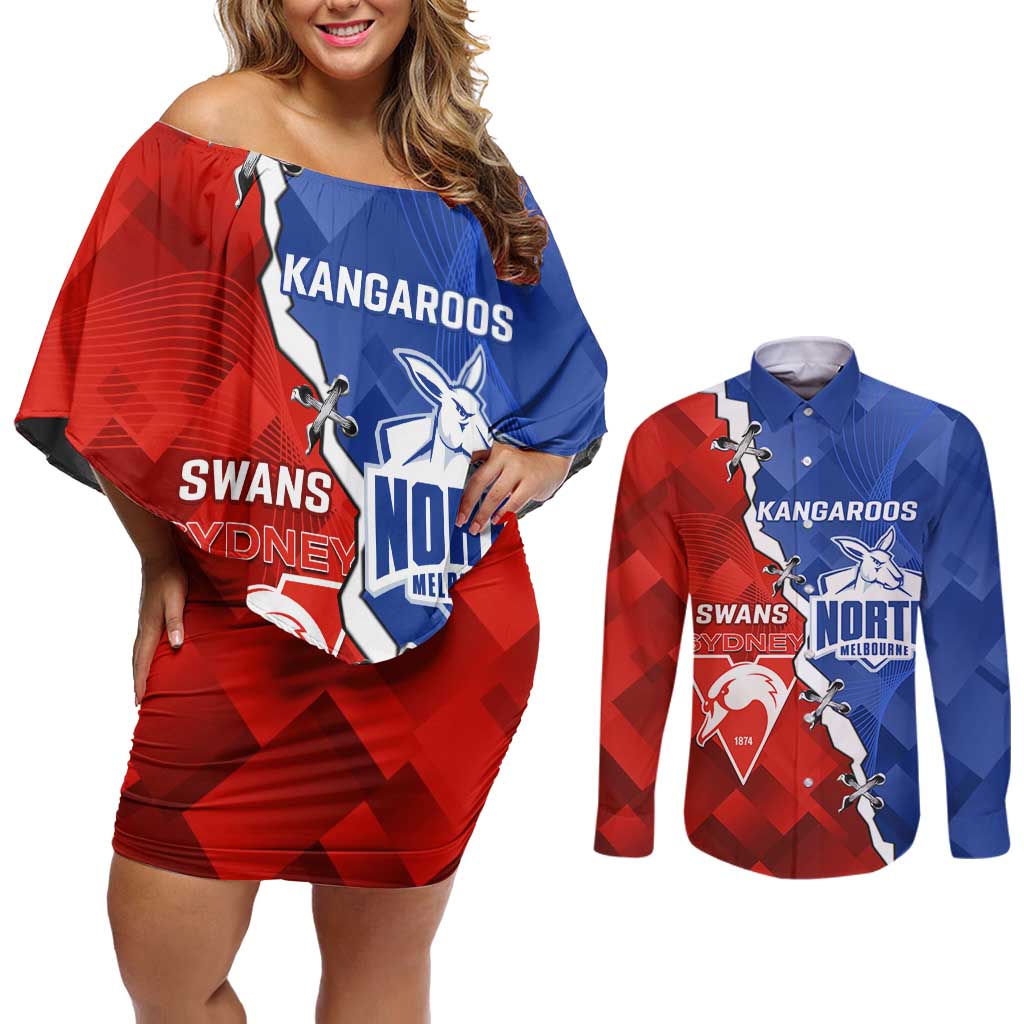 Personalised Kangaroos and Swans Couples Matching Off Shoulder Short Dress and Long Sleeve Button Shirt Dynamic Sporty Version