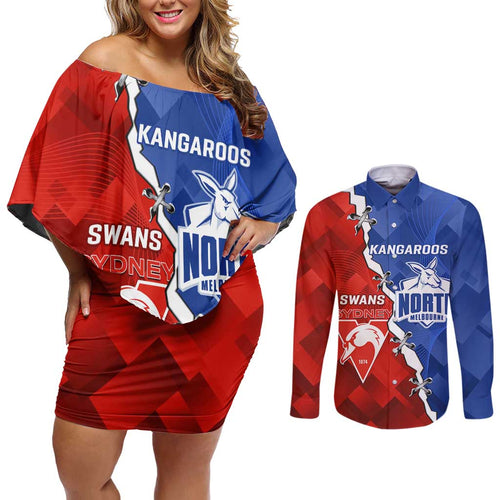 Personalised Kangaroos and Swans Couples Matching Off Shoulder Short Dress and Long Sleeve Button Shirt Dynamic Sporty Version