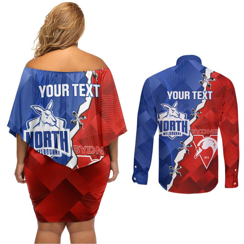 Personalised Kangaroos and Swans Couples Matching Off Shoulder Short Dress and Long Sleeve Button Shirt Dynamic Sporty Version