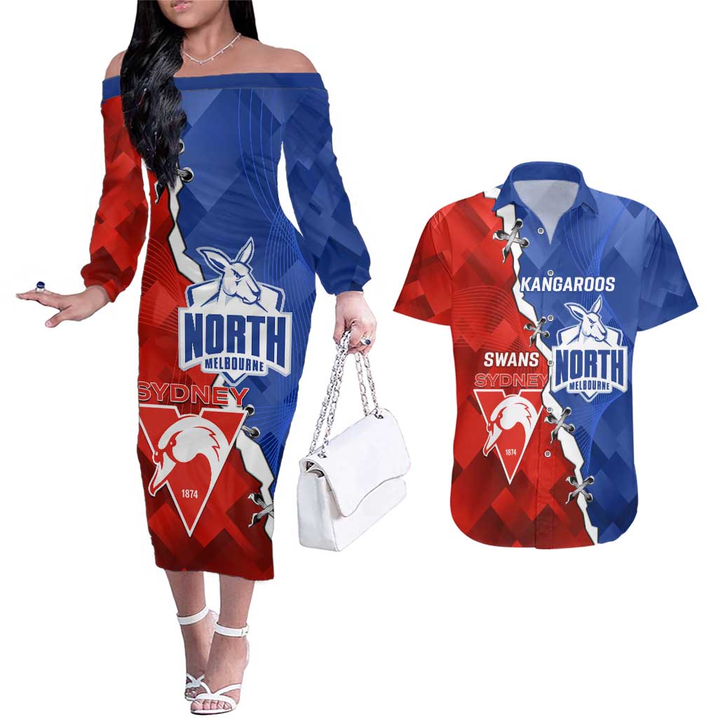 Personalised Kangaroos and Swans Couples Matching Off The Shoulder Long Sleeve Dress and Hawaiian Shirt Dynamic Sporty Version