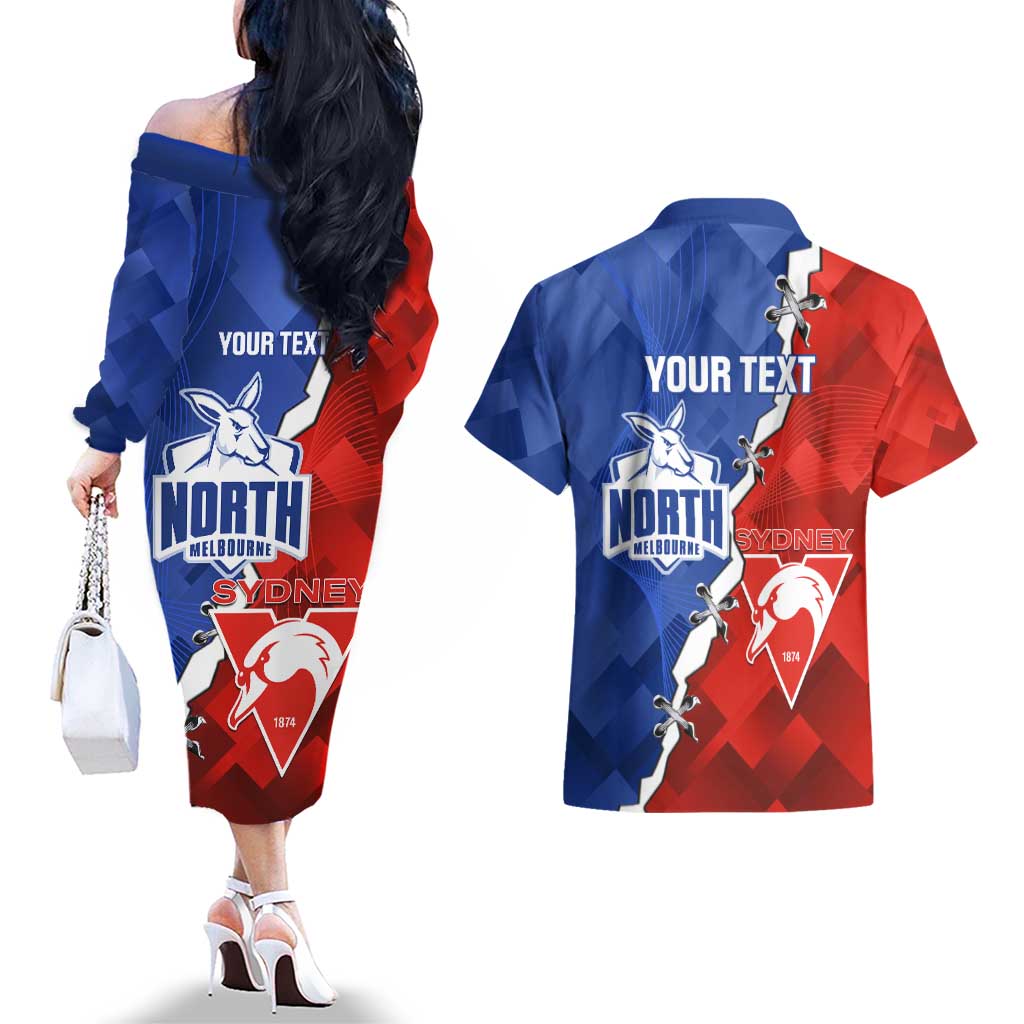 Personalised Kangaroos and Swans Couples Matching Off The Shoulder Long Sleeve Dress and Hawaiian Shirt Dynamic Sporty Version