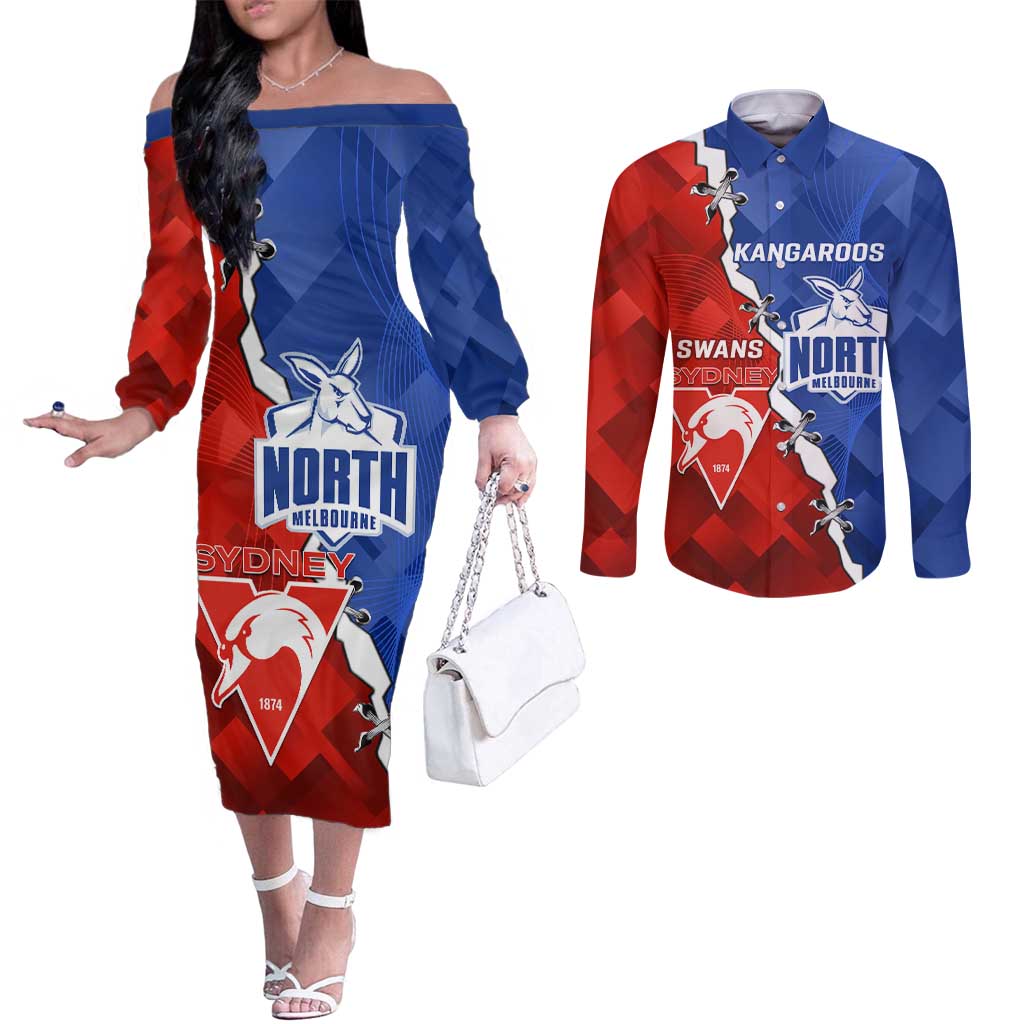 Personalised Kangaroos and Swans Couples Matching Off The Shoulder Long Sleeve Dress and Long Sleeve Button Shirt Dynamic Sporty Version